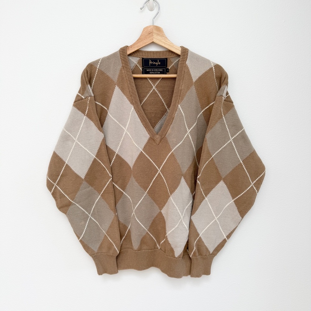Vintage 90s Pringle Tan Argyle V-Neck Men’s Sweater